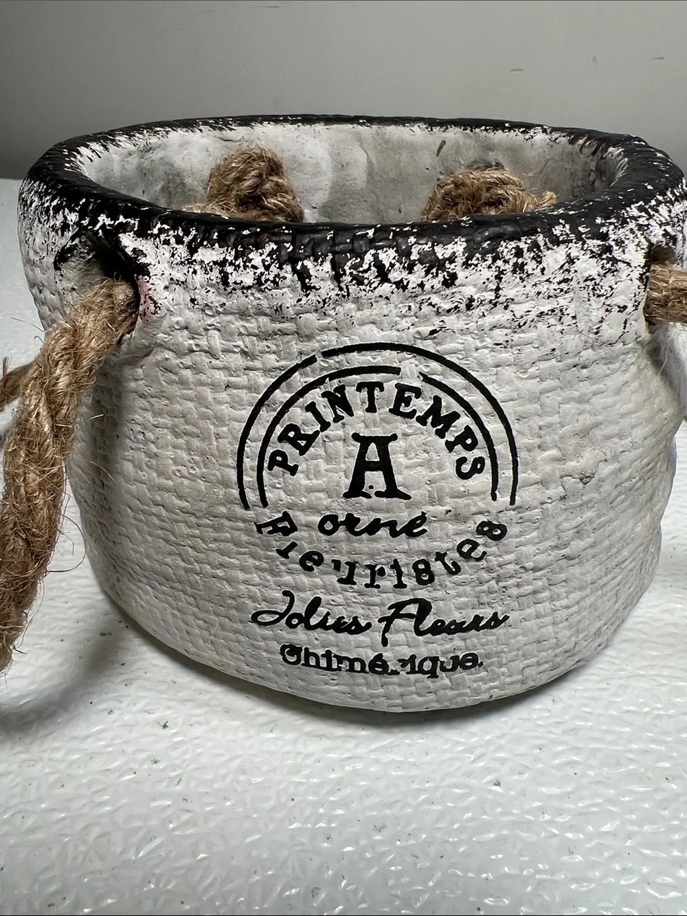 Rustic White Ceramic Planter with Rope Handles -